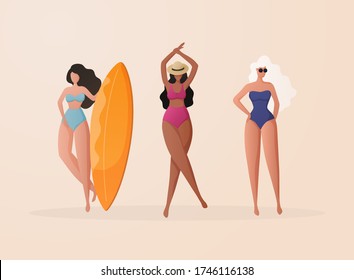 Women in bikini on a beach. Funny cartoon characters. Beach summer travel lifestyle poster in retro style.