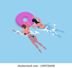 Women in bikini swimsuit swimming in inflatable round circles isolated. Vector girls back view in rubber safety toy, donut ring and bathing females