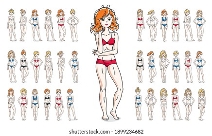 Mujeres en ilustraciones vectoriales bikini aisladas en fondo blanco gran set, atractivas niñas adultas hermosas y delgadas cuerpo curvado lindos personajes de pie a lo largo, hermosas y diversas hembras.