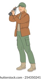 women birdwatching with spotting scope  in outdoor clothes