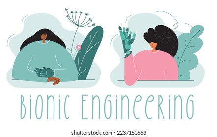 La anomalía de parto femenina tiene brazo de titanio. Las mujeres con discapacidad tienen prótesis biónicas o implantes. Ilustración vectorial con la frase INGENIERÍA BIONIC.