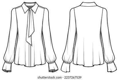 Dibujo plano de la ilustración de la moda con vista frontal y trasera. Plantilla de vector de dibujo de blusa de desgaste casual