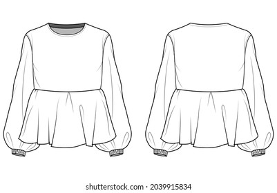 Women Bishop Sleeve Peplum Top Front and Back View Vector Fashion Illustration , CAD, Technical Drawing, Flat Drawing.