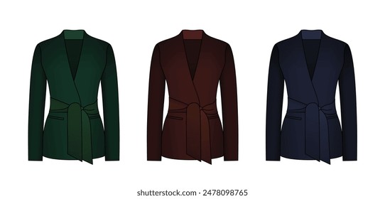 Women Black Blazer Tied Waist, Female Red Green Blue Blazer, Business Women Suit, Formal Female Shirt, Blazer Design Isolated In White Background, Realistic Fashion Vector