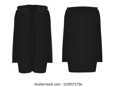 Women black hooded cardigan. front open. vector illustration