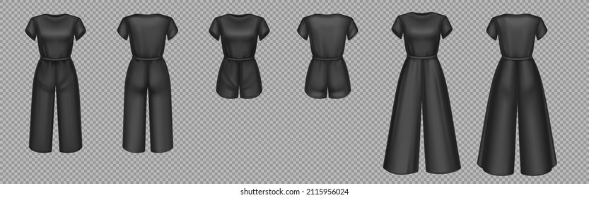 Women black jumpsuits mockup in front and back view. Vector 3d template of blank female overalls with pants or shorts and t-shirt. Realistic girls clothes isolated on transparent background