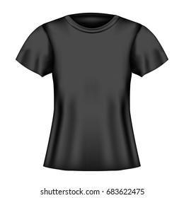 Women black short sleeve t-shirt template. Vector realistic design mockup.