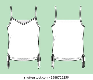 Women Black and White Outline Tank Top Flat Sketch CAD Mockup. 