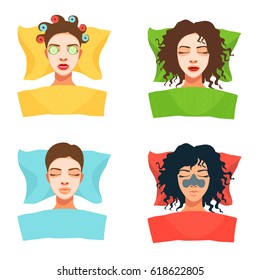 Women with blanket, pillow, beauty cosmetic mask, hair curlers. Beautiful ladies have a spa care, rest, nap, daydream. Vector cartoon avatars, icons set. Isolated on white.