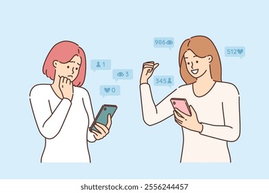 Women bloggers track reactions to content on social network for smartphones, and are happy or sad seeing result. Girls bloggers use phone for online posting on personal blog or smm marketing