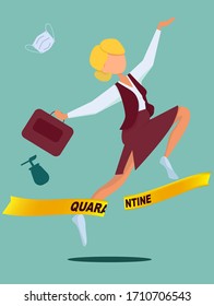 A women with blond hairs in a business style jump that the quarantine has ended crosses the cut quarantine yellow tape. Take off  medical mask and tossing them. Celebration defeat coronavirus . Vector