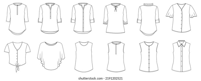 ilustración vectorial de boceto plano de moda para mujeres blusas. aislado en un mockup de cad de fondo blanco.