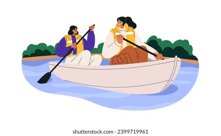 Mujeres en bote en vacaciones de verano. Amigos de las niñas remando con remo, flotando en el río, agua del lago en la naturaleza. Personajes femeninos, ocio al aire libre. Ilustración vectorial plana aislada en fondo blanco