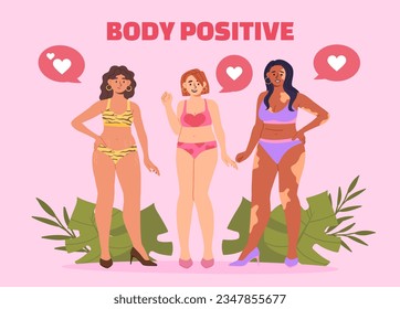 Women with body positive concept. Young girls in swimsuits with hearts and likes. Self acceptance and happiness. Mental health and psychology, optimism. Cartoon flat vector illustration