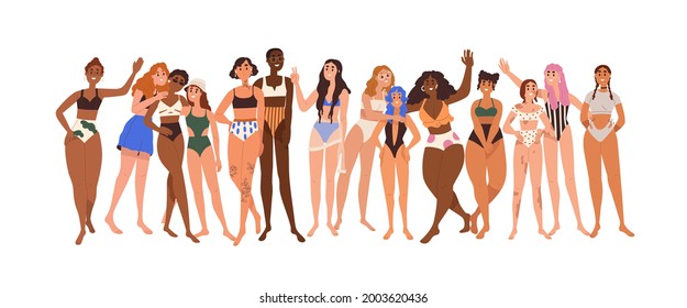 Women body positivity and diversity concept. Line of diverse happy woman in swimwear. Mixed females of different skin color, race and beauty. Flat vector illustration isolated on white background