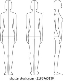 Women body proportions for sewing clothing. Bust waist hips line. Female figure vector outline sketch. Front back side Template for technical drawing.