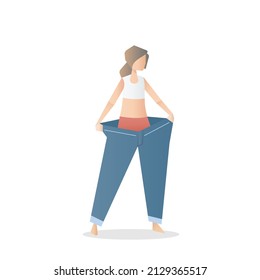 Women body shape Slim holding oversize big Pants,Before and after burn fat belly weight loss,diet program,healthy lifestyle,Vector illustration.