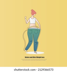 Women body shape Slim holding oversize big Pants,Before and after burn fat belly weight loss,exercises and diet,Tape measure around the waist,healthy lifestyle,Vector illustration.
