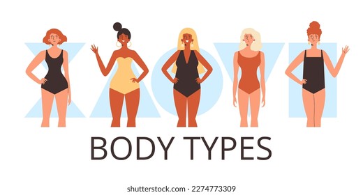 Women body types banner with women of different body shapes. Triangle and rectangle, pear and apple figure, flat cartoon vector illustration isolated on white background.