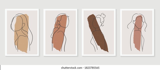 women body wall art vector set. boho earth tone line art drawing with  abstract shape.  Abstract Plant Art design for print, cover, wallpaper, Minimal and  natural wall art.
