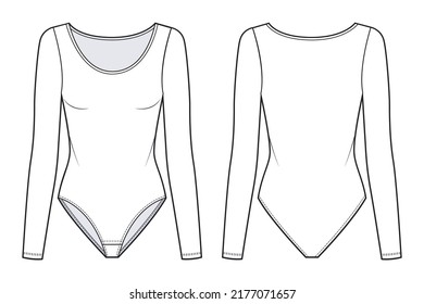 Women Bodysuit fashion flat technical drawing template. Long Sleeve Bodysuit with round neck fashion Cad, front and back view, white, mockup.