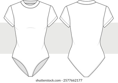 Women Bodysuit fashion illustration flat technical drawing template. Short Sleeve Bodysuit with round neck fashion Cad, front and back view, mockup.