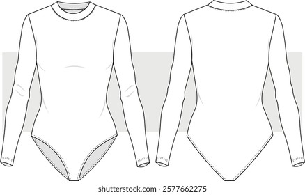 Women Bodysuit fashion illustration flat technical drawing template. Long Sleeve Bodysuit with round neck fashion Cad, front and back view, mockup.