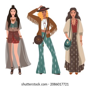 Mujeres con ropa de boho. Ilustración vectorial plana aislada en fondo blanco.