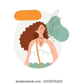 Women in boho outfit on abstract background. Modern boho collection with boho outfits for clothes design. Summer style. Hippie style. Elegant, modern style.