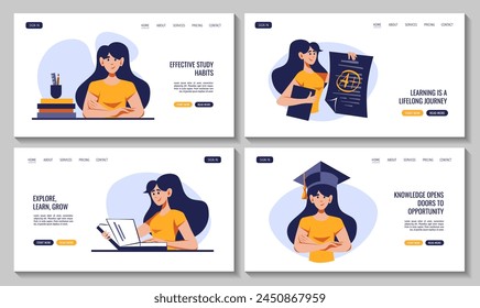 Mujeres con libro, gorra de graduación, gran nota. Ilustración vectorial de estilo plano para la educación, el conocimiento, el estudio, la lectura, el estudiante, la creación de concepto. Conjunto de páginas de Web.