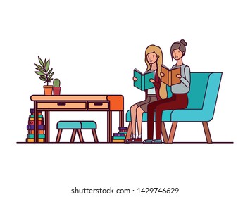 women with book in hands in living room