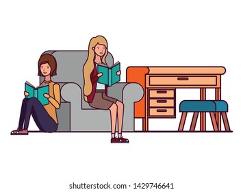 women with book in hands in living room