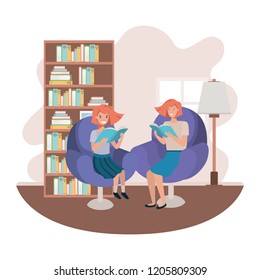 women with book in livingroom avatar character