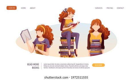 Women with books. Bookstore, bookshop, library, book lover, reading, education concept. Vector illustration for poster, banner, website.