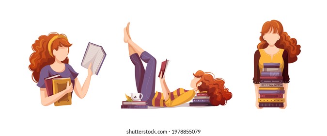 Women with books. Bookstore, bookshop, library, book lover, reading, education concept. Isolated vector illustration for poster, banner, website.