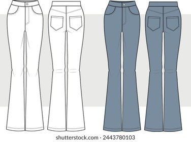 Women Boot Cut Pant, Flared Trouser, Pant Front and Back View fashion illustration vector, CAD, technical drawing, flat drawing.