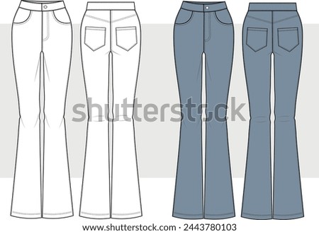 Women Boot Cut Pant, Flared Trouser, Pant Front and Back View fashion illustration vector, CAD, technical drawing, flat drawing.