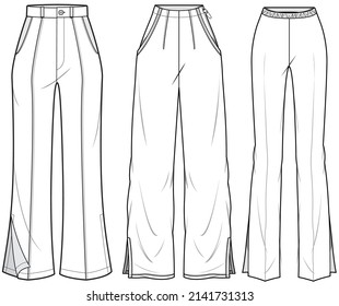 Pant de corte de arranque femenino con corredera lateral, perno hinchado, pantalones de arranque femenino montado. vector de ilustración de moda, CAD, dibujo técnico, plano plano.