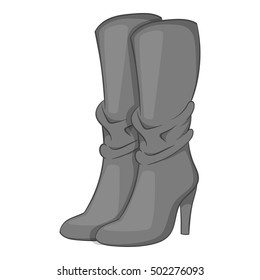 Women boots high heel icon. Gray monochrome illustration of women boots high heel vector icon for web