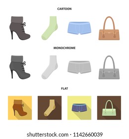 Women boots, socks, shorts, ladies bag. Clothing set collection icons in cartoon,flat,monochrome style vector symbol stock illustration web.