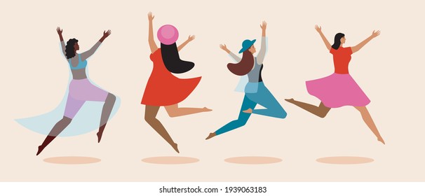 Women bouncing isolated. Flat vector stock illustration. Set of beautiful young women. Different ethnos. European, Asian, American women happy jumping. Cute illustration