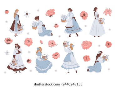 Women with bouquets and baskets of flowers vintage cottagecore