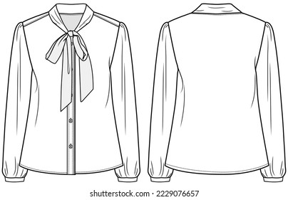 Las mujeres doblan la blusa con detalles de cuello v diseñan dibujo plano ilustrativo de moda con vista frontal y posterior. Plantilla de vector de dibujo de blusa de desgaste casual