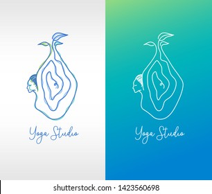 Women in the bow pose – dhanurasana. Logo for yoga studio in linear style. Editable stroke