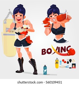 women boxer in actions. typographic. character design with gym equipments - vector illustration