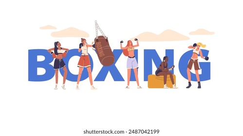 Women Boxers Training Together. Vector Poster, Banner Or Flyer Depicts Various Activities Including Punching Boxing Bag