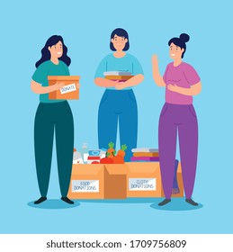 women with boxes of charity donation vector illustration design