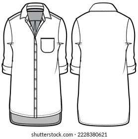 Women boyfriend shirt dress design with collar flat sketch fashion illustration with front and back view, Long Sleeve Kurtha shirt dress technical drawing vector template