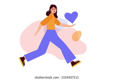Women bringing heart on her hand. Self love and spreading positivity concept. Abstract background with organic shapes. Flat vector illustration.