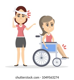 Women with broken body parts in bandage and on wheelchair on white.